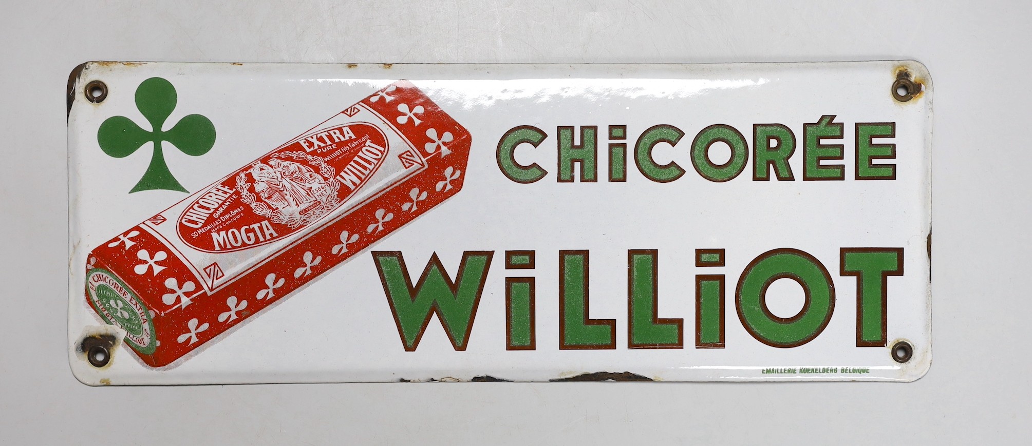 A rectangular polychromatic enamel sign for Chicoree Williot, 15x40cm